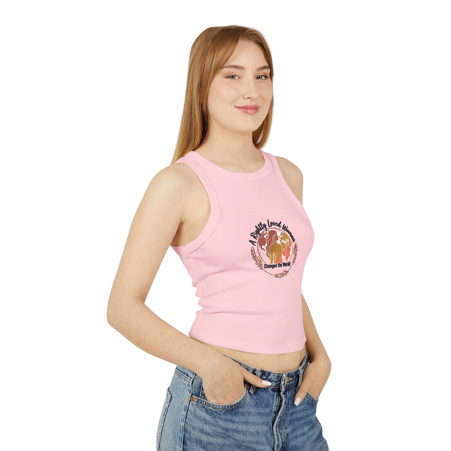Rightly Loved Woman Changes the World Racer Tank — Retro Sunset Micro Rib